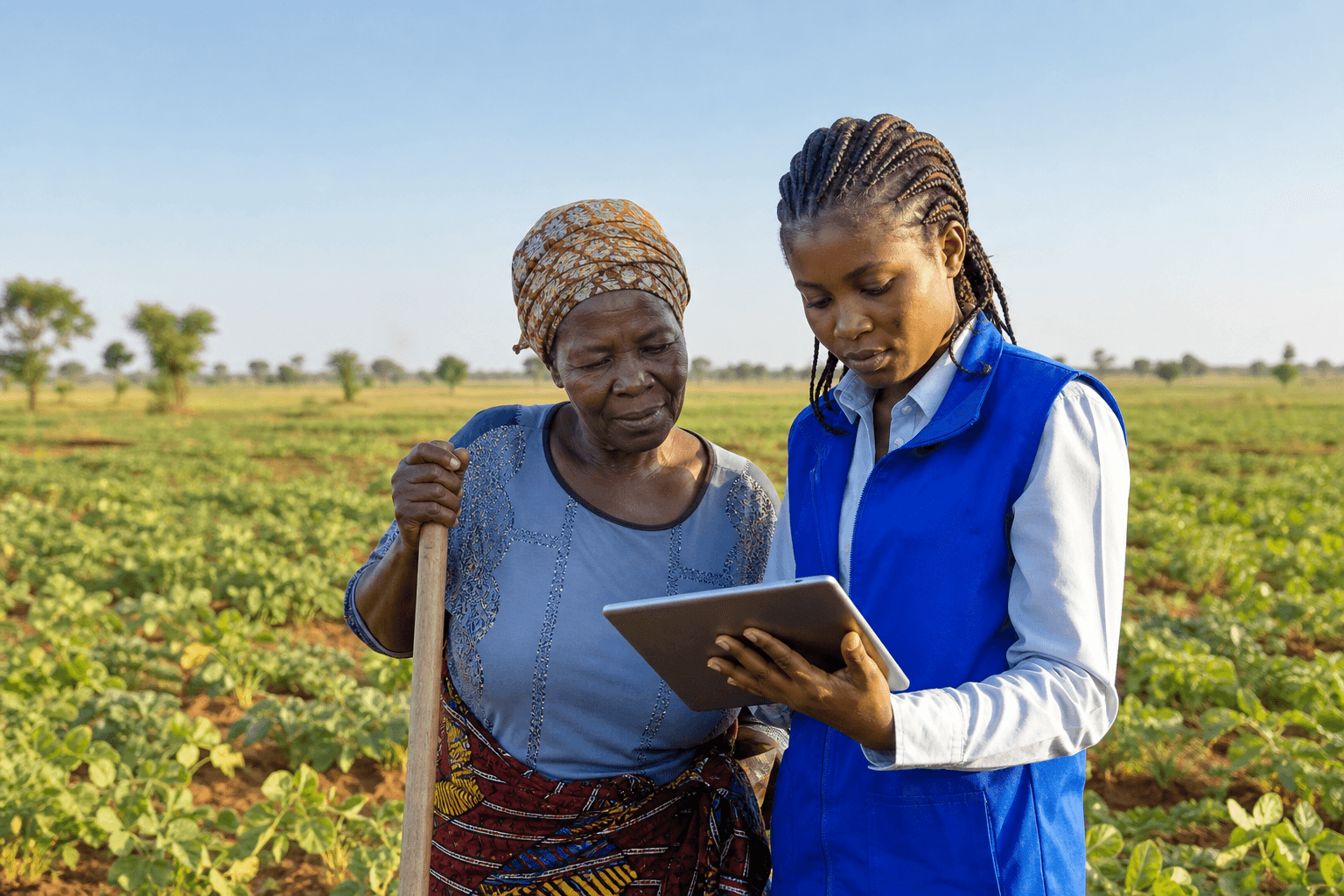 Une agricultrice et une spécialiste analysent des données sur le terrain